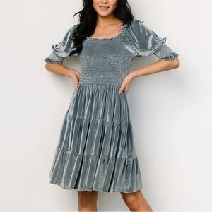 Baltic Born Dress NWT Smocked Crushed Velvet Stretchy Short Blue Size Small New